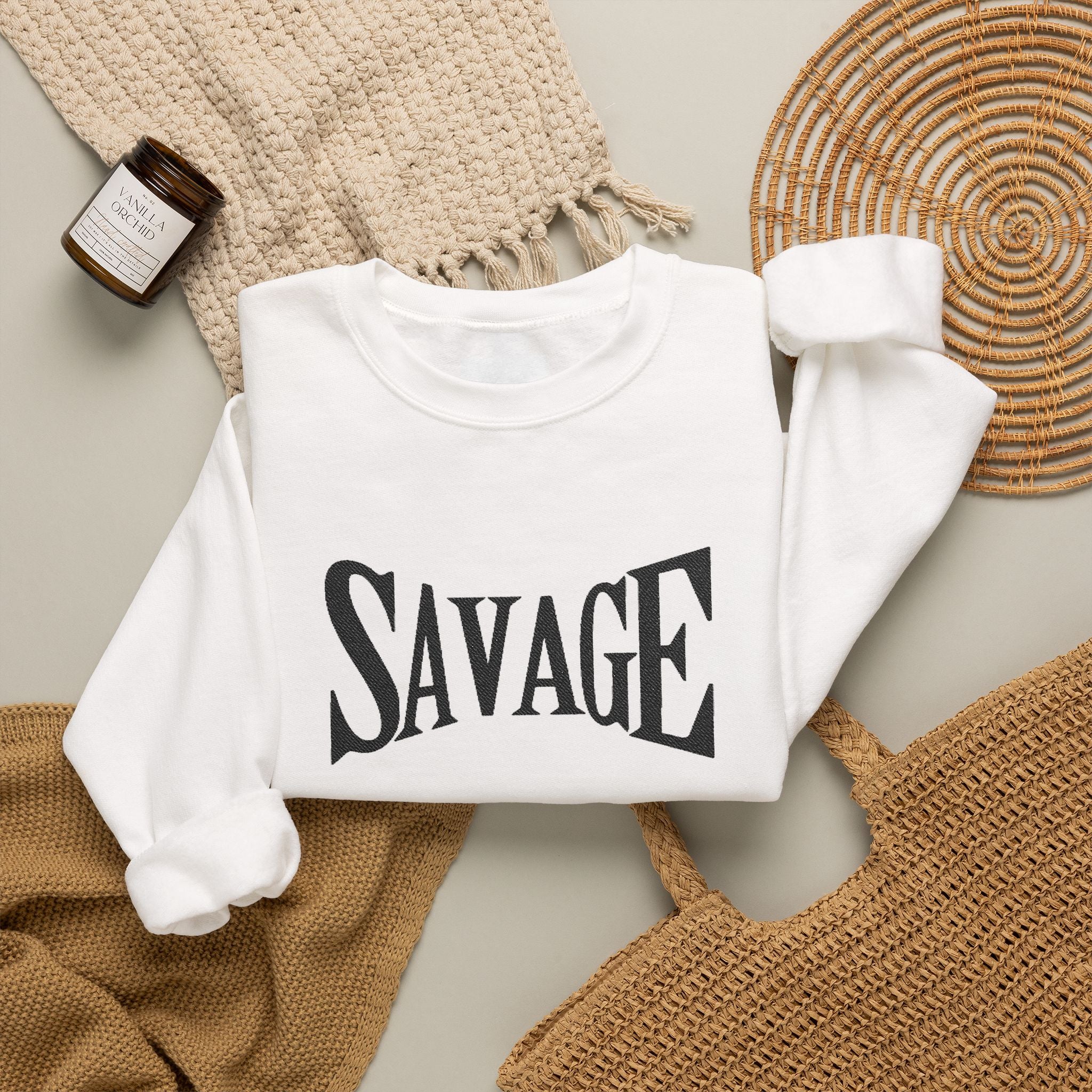 Savage Crewneck Sweatshirt - Bold Black Text Graphic Pullover