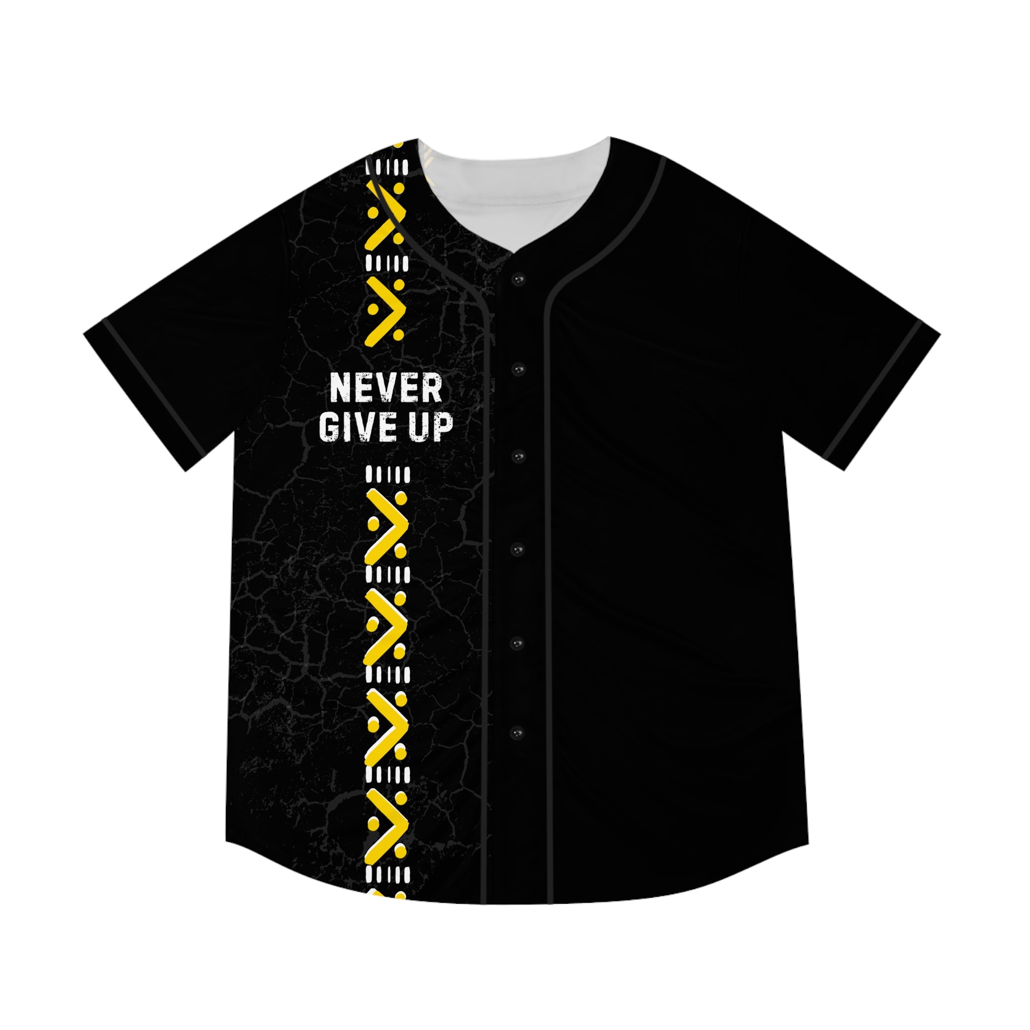 Baseball Jersey — 'Never Give Up' Motivational Black & Yellow All-Over Print