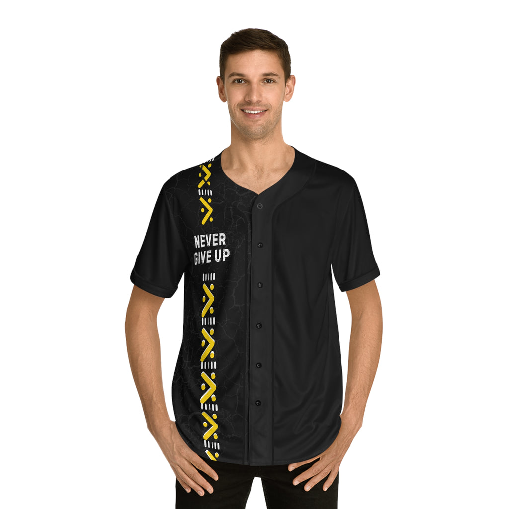 Baseball Jersey — 'Never Give Up' Motivational Black & Yellow All-Over Print