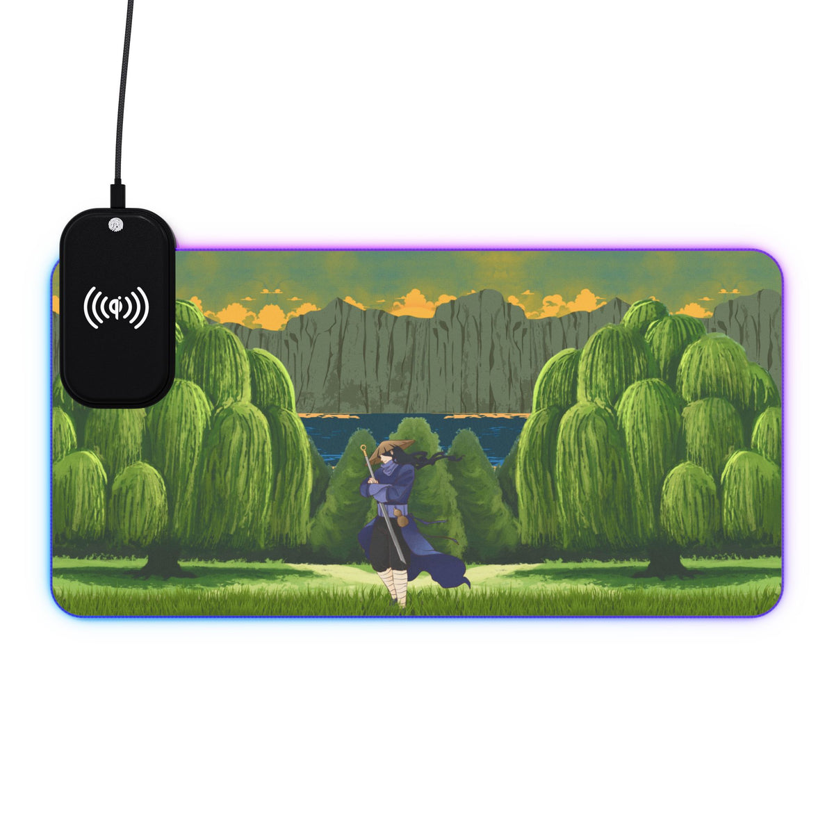 LED RGB Gaming Mouse Pad with Wireless Charger — Fantasy Forest Swordscape Design