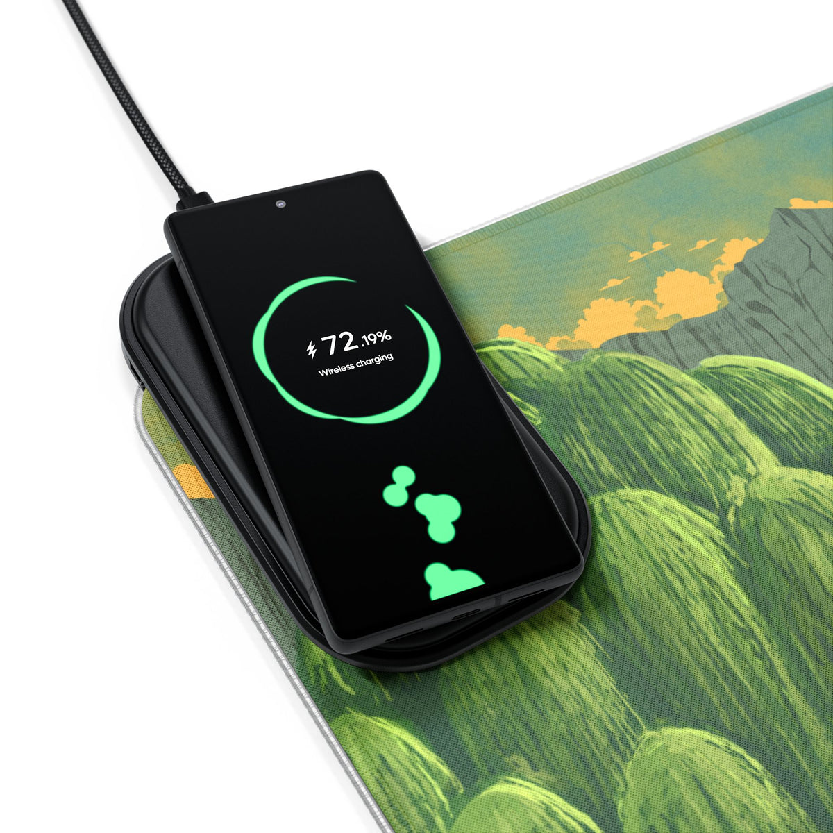 LED RGB Gaming Mouse Pad with Wireless Charger — Fantasy Forest Swordscape Design
