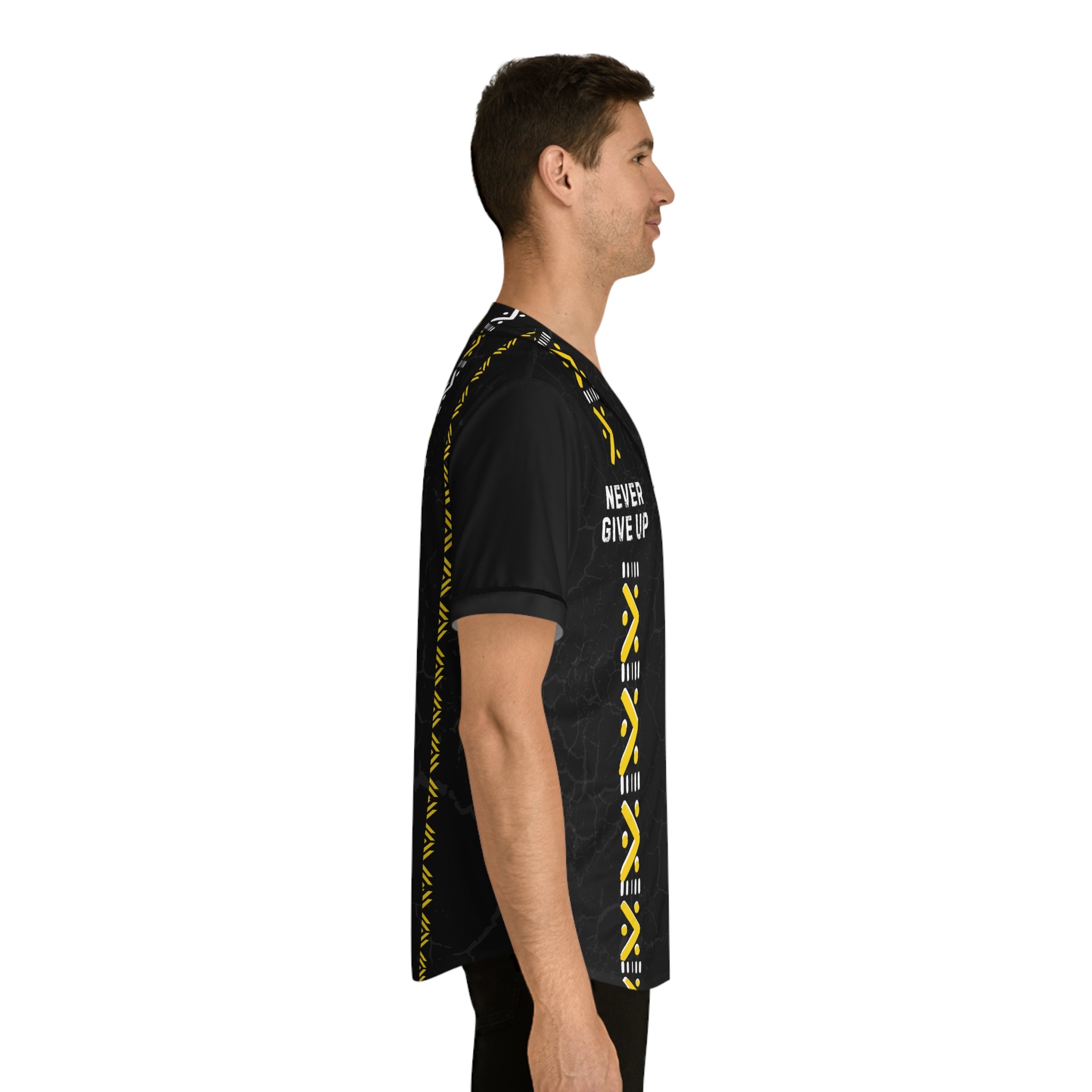 Baseball Jersey — 'Never Give Up' Motivational Black & Yellow All-Over Print
